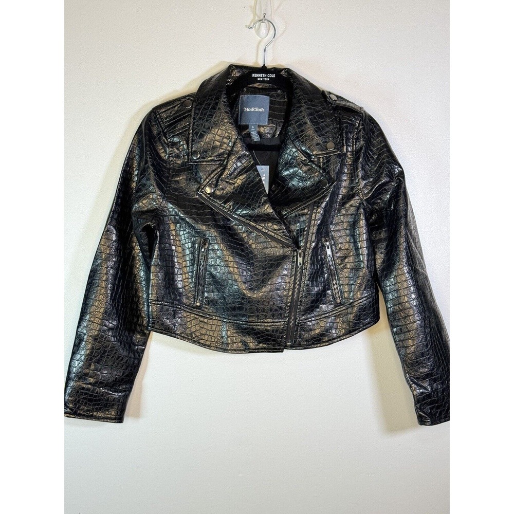 ModCloth Crocodile Black Faux Vegan Leather Moto Biker Crop Jacket Sz Sm…